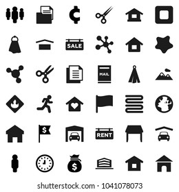 Flat vector icon set - towel vector, splotch, scissors, molecule, flag, money bag, clock, man, dollar, cent sign, run, earth, document, dry cargo, flammable, stop button, home, house, mailbox, rent