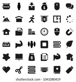 Flat vector icon set - towel vector, splotch, plates, book, magnet, scissors, leaf, money bag, clock, man, dollar flag, muscule hand, run, document, dry cargo, package, dialog, heart, stop button