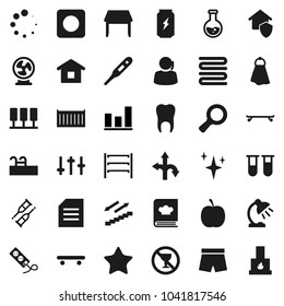 Flat vector icon set - towel vector, shining, cookbook, table lamp, document, magnifier, flask, graph, diet, shorts, skateboard, enegry drink, stairways run, no alcohol sign, route, support, vial