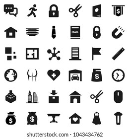 Flat vector icon set - towel vector, plates, ruler, magnet, scissors, molecule, flag, money bag, dollar, tie, buttocks, run, earth, clock, package, dialog, heart cross, loading, lock, mailbox, plan