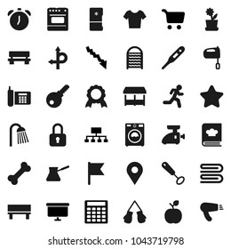 Flat vector icon set - towel vector, washer, washboard, shower, whisk, turk coffee, mixer, cookbook, apple fruit, alarm clock, medal, flag, cart, crisis, calculator, presentation board, hierarchy