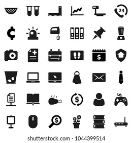 Flat vector icon set - towel vector, trash bin, welcome mat, colander, mixer, chicken leg, book, corner ruler, backpack, notebook pc, presentation, exchange, graph, money search, binder, tie, camera