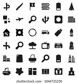 Flat vector icon set - towel vector, window cleaning, splotch, shining, knife, cutting board, hand mill, school bus, magnifier, percent growth, dollar flag, any currency, scales, water bottle, hoop