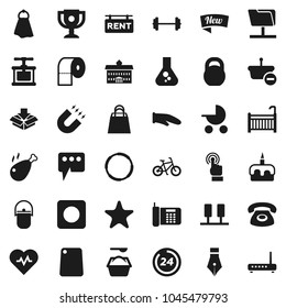 Flat vector icon set - towel vector, washing powder, toilet paper, camping cauldron, cook glove, press, cutting board, cake, chicken leg, pen, university, award cup, magnet, flask, barbell, bike