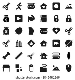 Flat vector icon set - towel vector, splotch, toilet paper, book, ruler, scissors, leaf, money bag, man, muscule hand, buttocks, heart cross, bone, run, document, flammable, play button, forward