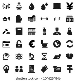 Flat vector icon set - towel vector, water drop, toilet, rubber glove, closet, cook, book, copybook, atom, table lamp, flask, exam, coin stack, auction, calendar, euro sign, yen, barbell, stadium