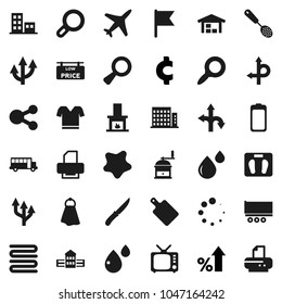 Flat vector icon set - towel vector, splotch, skimmer, knife, cutting board, hand mill, school building, bus, flag, magnifier, percent growth, cent sign, scales, t shirt, route, plane, truck trailer