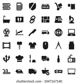 Flat vector icon set - towel vector, welcome mat, bath, drying clothes, toilet brush, sink, cook hat, knife, jar, oil, drawing compass, school bus, graph, t shirt, delivery, consolidated cargo, link