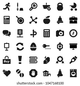 Flat vector icon set - towel vector, toilet brush, pan, cook timer, bell, calculator, compass, medal, presentation, case, board, diet, weight, heart monitor, run, route, camera, dialog, hdmi, cross