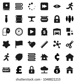 Flat vector icon set - towel vector, splotch, toilet paper, book, ruler, scissors, flag, leaf, money bag, clock, man, tie, pound, cent sign, molecule, heart cross, run, play button, forward, eye