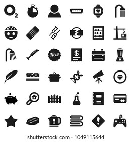 Flat vector icon set - towel vector, shower, pan, steak, copybook, pen, backpack, telescope, abacus, piggy bank, stopwatch, heart monitor, breads, oxygen, hdmi, flask, dna, crutches, patch, fence