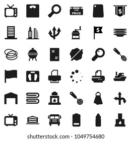 Flat vector icon set - towel vector, window cleaning, splotch, plates, skimmer, cutting board, hand mill, bbq, school bus, flag, magnifier, dollar, scales, water bottle, hoop, route, ship, tv, arrow
