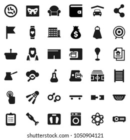 Flat vector icon set - towel vector, washer, washboard, cleaner woman, colander, turk coffee, blender, atom, clipboard, flag, wallet, money bag, scales, stadium, punching, shorts, skateboard, target