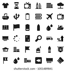 Flat vector icon set - towel vector, window cleaning, shining, hand mill, school building, bus, flag, percent growth, sand clock, dollar, t shirt, water bottle, plane, ship, truck trailer, tv, barn