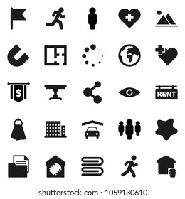 Flat vector icon set - towel vector, splotch, magnet, flag, man, dollar, molecule, heart cross, run, earth, document, eye, loading, mountain, garage, plan, rent signboard, apartments, table
