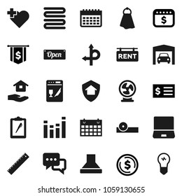 Flat vector icon set - towel vector, house hold, ruler, dollar coin, receipt, flag, calendar, heart cross, route, clipboard, equalizer, dialog, notebook pc, eye doctor hat, garage, rent signboard