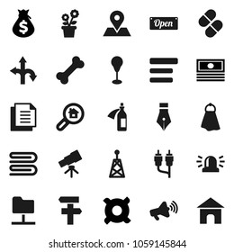 Flat vector icon set - towel vector, pen, telescope, cash, money bag, any currency, punching, bone, route, map pin, document, antenna, loudspeaker, rca, pills, potion, network folder, menu, siren