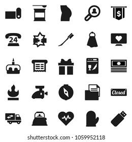 Flat vector icon set - towel vector, car fetlock, kettle, cook glove, cake, compass, cash, dollar flag, heart pulse, buttocks, sports nutrition, fitness mat, monitor, phone 24, document, flammable