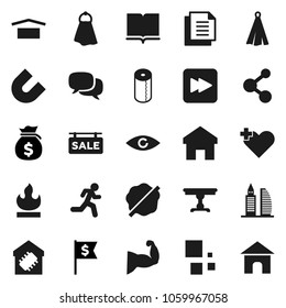 Flat vector icon set - towel vector, splotch, toilet paper, book, magnet, money bag, dollar flag, muscule hand, molecule, run, document, dry cargo, flammable, dialog, forward button, heart cross