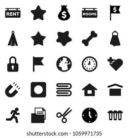 Flat vector icon set - towel vector, splotch, magnet, flag, money bag, clock, dollar, heart cross, bone, run, earth, document, dry cargo, rec button, scissors, house, rent signboard, rooms, star