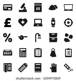 Flat vector icon set - towel vector, rubber glove, garbage pile, microscope, calculator, notebook pc, archive, pound, clipboard, heart monitor, cross, barcode, eye doctor hat, mailbox, bath, percent