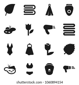 Flat vector icon set - towel vector, leaf, swimsuite, tulip, pond, epilator, hair dryer