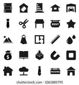 Flat vector icon set - towel vector, book, ruler, magnet, scissors, money bag, tie, package, stop button, blood drop, cloud network, home, mountain, garage, plan, rent signboard, rooms, table, smart