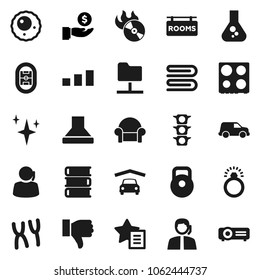 Flat vector icon set - towel vector, shining, oven, book, flask, investment, weight, stadium, traffic light, support, car, sorting, music hit, finger down, chromosomes, ovule, network folder, garage