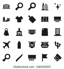 Flat vector icon set - towel vector, shining, plates, window, knife, cutting board, flag, magnifier, dollar, t shirt, water bottle, plane, ship, truck trailer, route arrow, low price signboard, usb