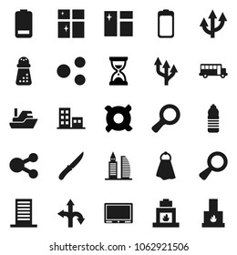 Flat vector icon set - towel vector, window cleaning, shining, knife, hand mill, school bus, magnifier, sand clock, any currency, water bottle, route, ship, battery, share, arrow, apartments, tv