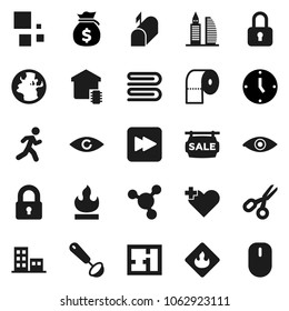 Flat vector icon set - towel vector, toilet paper, ladle, scissors, molecule, money bag, clock, run, earth, flammable, forward button, heart cross, eye, loading, plan, sale signboard, apartments