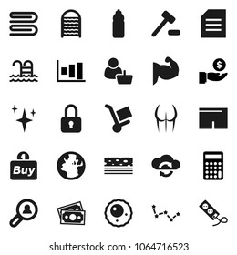Flat vector icon set - towel vector, shining, washboard, document, constellation, graph, investment, calculator, muscule hand, buttocks, shorts, water bottle, breads, pool, earth, money, ovule, buy