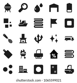 Flat vector icon set - towel vector, shining, window cleaning, skimmer, cutting board, bbq, school bus, flag, percent growth, ship, battery, stop button, rec, magnifier, blood drop, share, loading