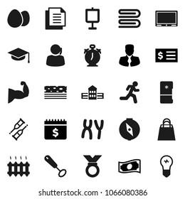 Flat vector icon set - towel vector, whisk, egg, graduate hat, school building, alarm clock, compass, presentation, cash, manager, receipt, dollar calendar, muscule hand, medal, breads, run, support