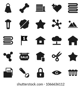 Flat vector icon set - towel vector, splotch, ladle, scissors, molecule, dollar flag, bone, document, heart cross, eye, cloud network, home, mountain, sale signboard, apartments, smart, star, lock