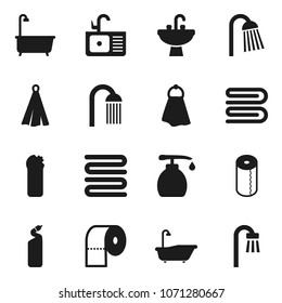 Flat vector icon set - towel vector, bath, liquid soap, cleaning agent, toilet paper, shower, sink