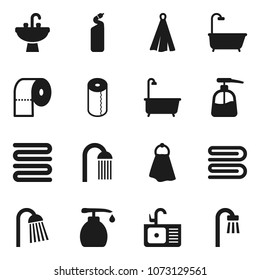 Flat vector icon set - towel vector, bath, liquid soap, cleaning agent, toilet paper, shower, sink