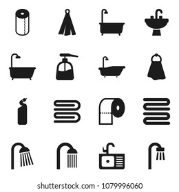 Flat vector icon set - towel vector, bath, liquid soap, cleaning agent, toilet paper, shower, sink