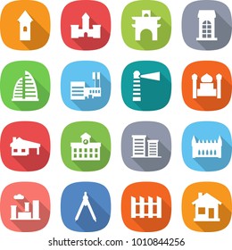 flat vector icon set - tower vector, castle, arch, building, skyscraper, mall, lighthouse, minaret, house with garage, university, district, gothic architecture, city, drawing compasses, fence, home