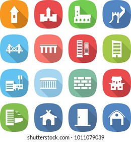 flat vector icon set - tower vector, castle, mansion, greate wall, bridge, skyscrapers, skyscraper, mall, airport building, brick, japanese house, hotel, bungalow, door, barn