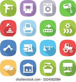 flat vector icon set - tower crane vector, atm, washing machine, mixer, press, printer, conveyor, robot hand, coffee maker, plow, tractor, trash truck, utility room, powder, dryer