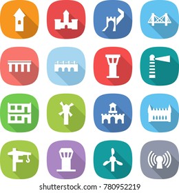 flat vector icon set - tower vector, castle, greate wall, bridge, airport, lighthouse, modular house, windmill, fort, gothic architecture, crane, antenna