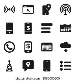Flat vector icon set - tracking vector, calendar, antenna, mobile phone, browser, menu, cloud upload, wireless, tap pay