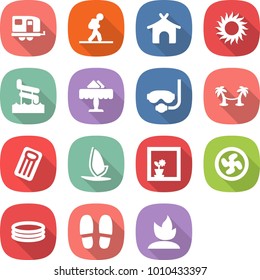 flat vector icon set - trailer vector, tourist, bungalow, sun, aquapark, restaurant, diving mask, palm hammock, inflatable mattress, windsurfing, flower in window, cooler fan, pool, slippers