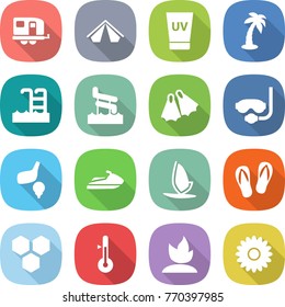 flat vector icon set - trailer vector, tent, uv cream, palm, pool, aquapark, flippers, diving mask, golf, jet ski, windsurfing, flip flops, honeycombs, thermometer, sprouting, flower