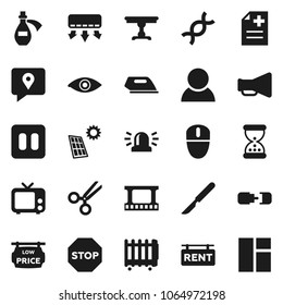 Flat vector icon set - traking vector, film frame, loudspeaker, tv, pause button, eye, dna, scissors, scalpel, sand clock, anamnesis, potion, connection, stop, siren, solar panel, rent signboard