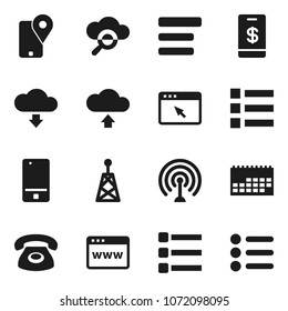 Flat vector icon set - traking vector, calendar, antenna, mobile phone, cloud glass, browser, menu, upload, download, tap pay