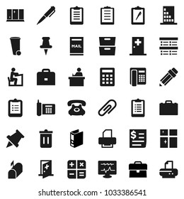 Flat vector icon set - trash bin vector, shining window, pencil, student, case, pen, clipboard, paper pin, archive, exam, binder, phone, receipt, thumbtack, diagnostic monitor, medical room, mailbox