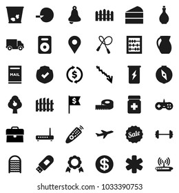 Flat vector icon set - trash bin vector, washboard, oil, jug, cake, bell, compass, medal, abacus, exchange, crisis, case, dollar flag, barbell, measuring, jump rope, enegry drink, plane, delivery