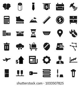 Flat vector icon set - trash bin vector, toilet brush, paper, colander, towel, school building, ruler, backpack, archive, dollar coin, graph, growth, calculator, sand clock, flag, tie, boxing glove